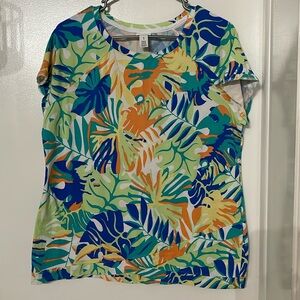 CHICOS WEEKENDS TROPICAL T SHIRT WOMENS SIZE 1 COTTON STRETCH CREW NECKLINE TOP